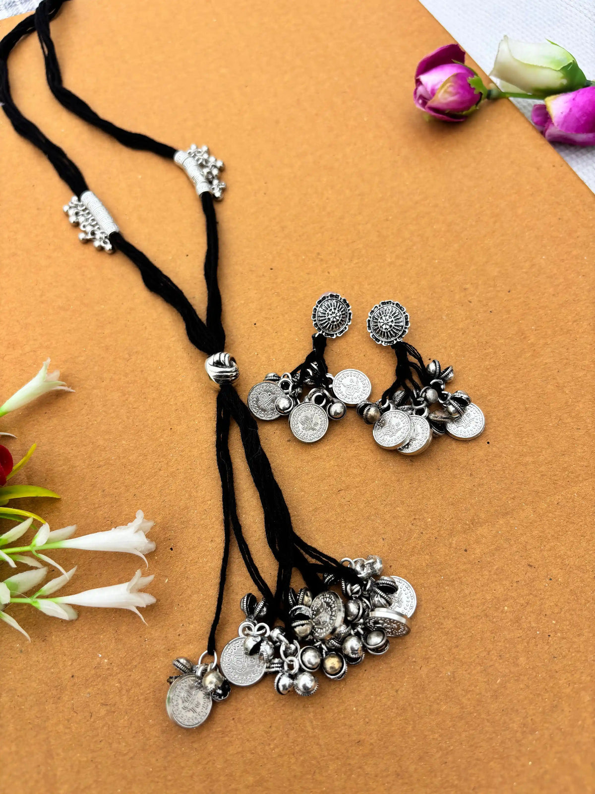 Rangeeli Layered Neckpiece NNS72 - Handcrafted braided choker with silver oxidized statement pendant by Naari Ratan