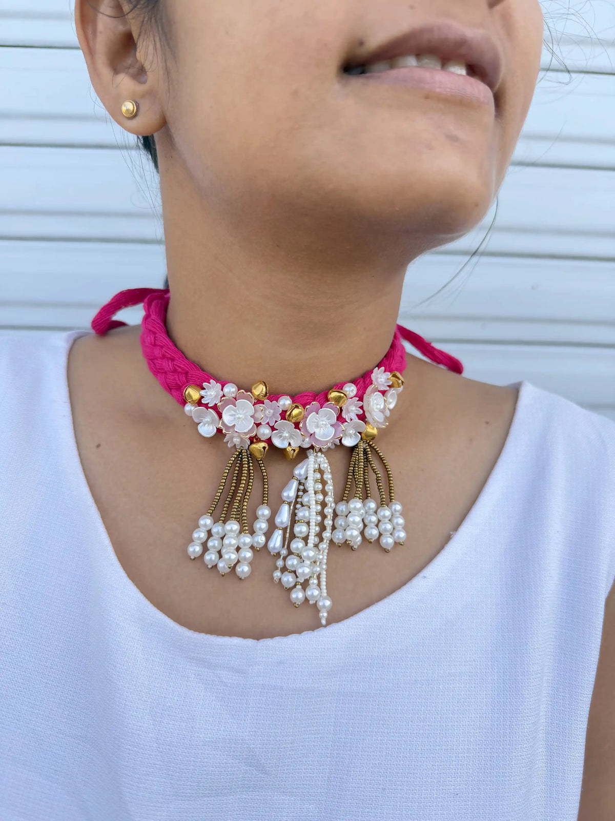 Rangeeli Layered Neckpiece Handcrafted braided choker with silver oxidized statement pendant by Naari Ratan