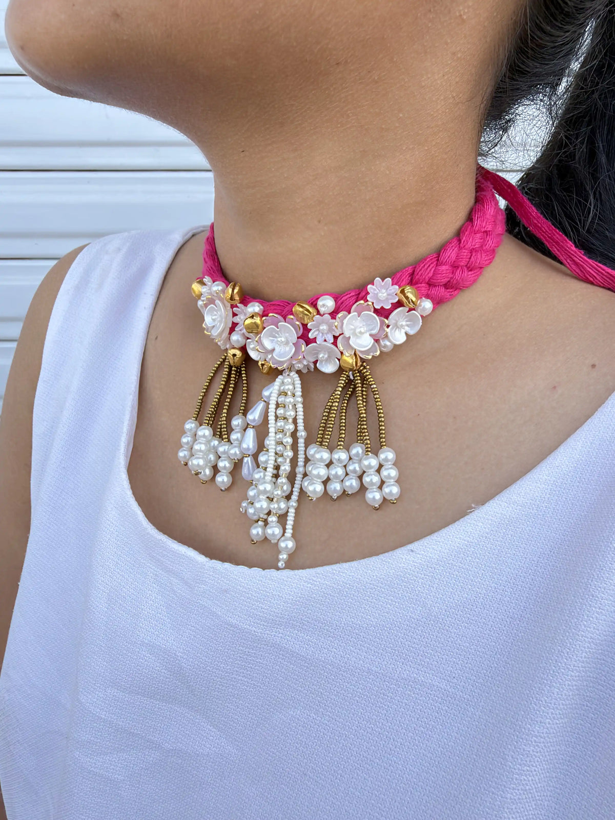 Rangeeli Layered Neckpiece Handcrafted braided choker with silver oxidized statement pendant by Naari Ratan Side View