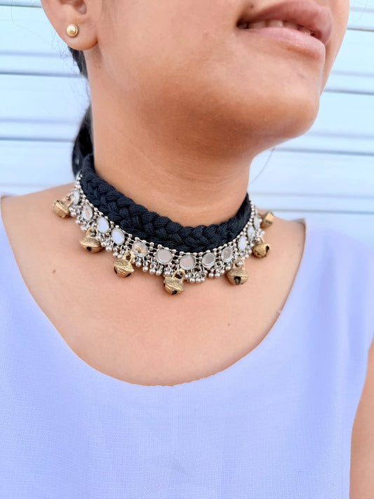 Rangeeli Layered Neckpiece Handcrafted braided choker with silver oxidized statement pendant by Naari Ratan