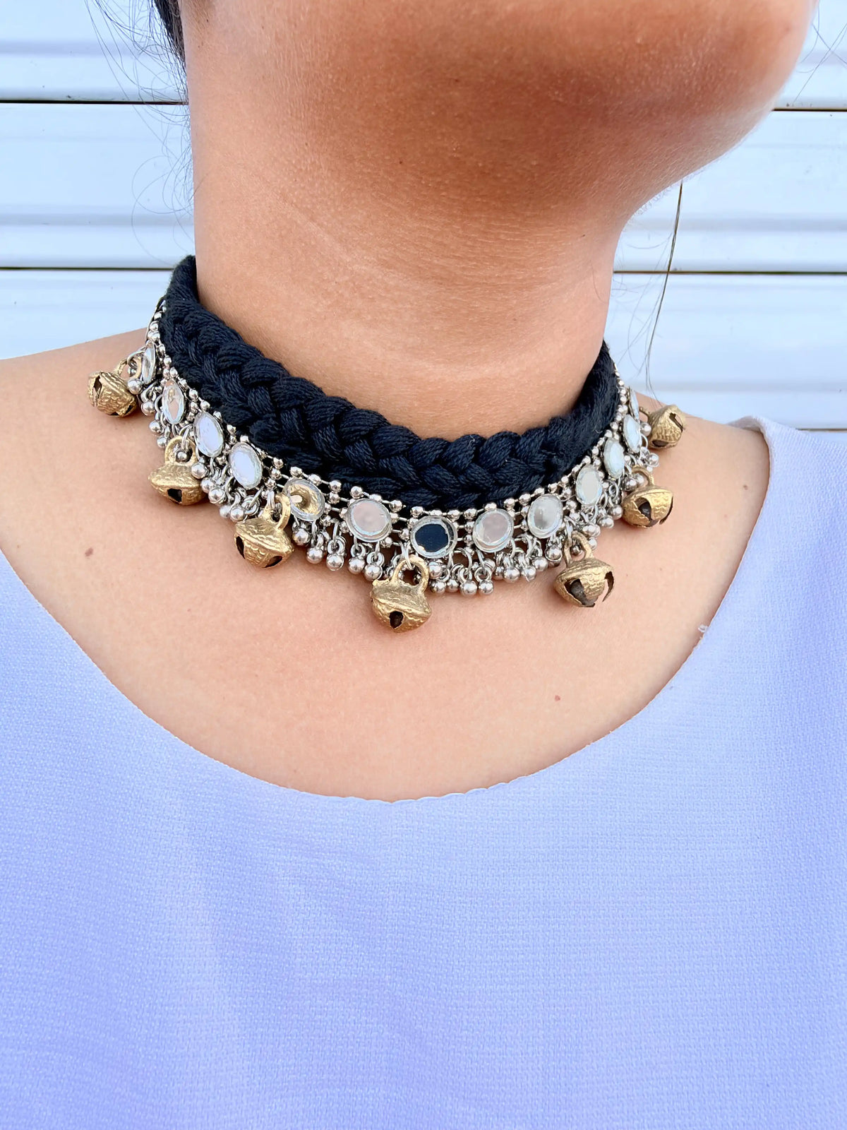 Rangeeli Layered Neckpiece Handcrafted braided choker with silver oxidized statement pendant by Naari Ratan side view
