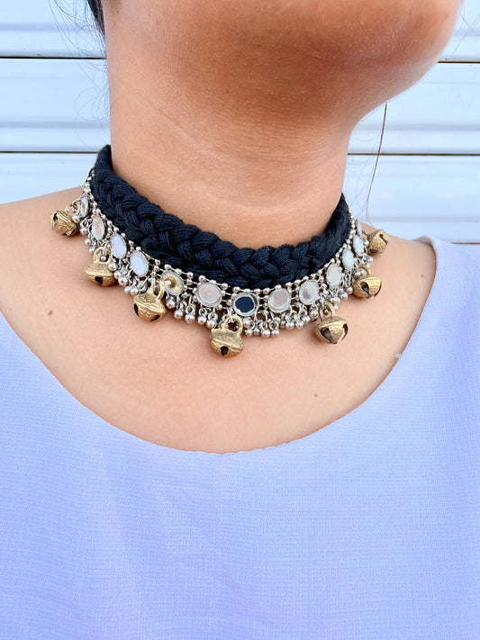 Rangeeli Layered Neckpiece Handcrafted braided choker with silver oxidized statement pendant by Naari Ratan side view