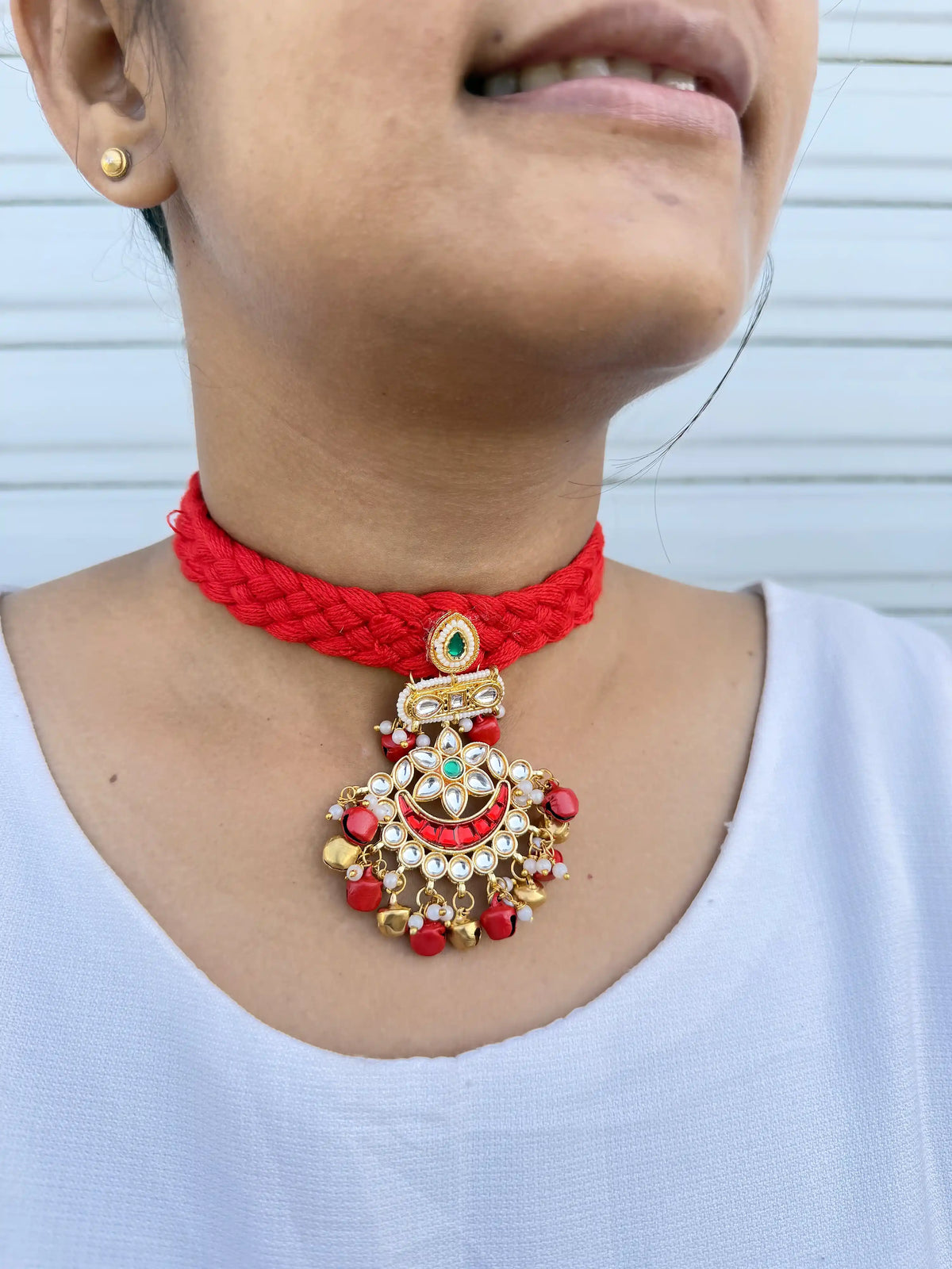 Rangeeli Layered Neckpiece Handcrafted braided choker with silver oxidized statement pendant by Naari Ratan