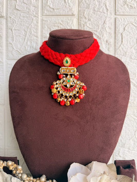 Rangeeli Layered Neckpiece Handcrafted braided choker with silver oxidized statement pendant by Naari Ratan