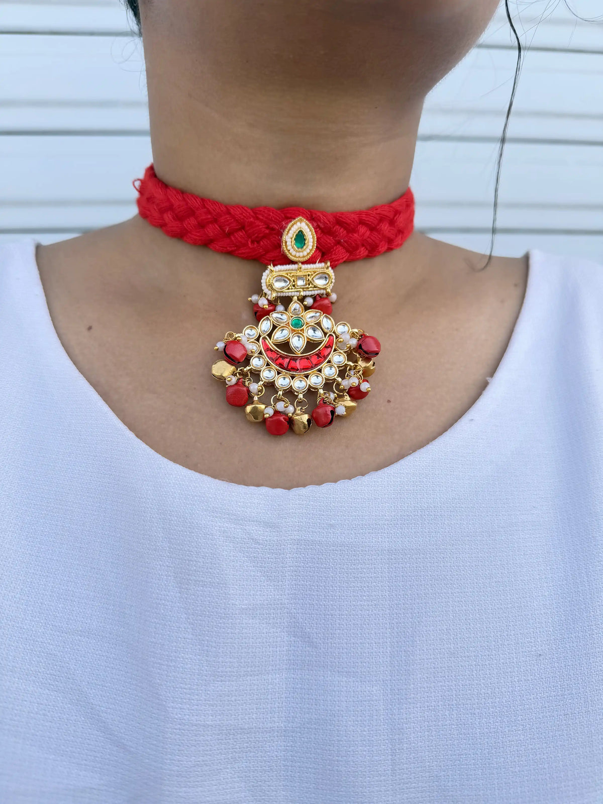 Rangeeli Layered Neckpiece Handcrafted braided choker with silver oxidized statement pendant by Naari Ratan side view