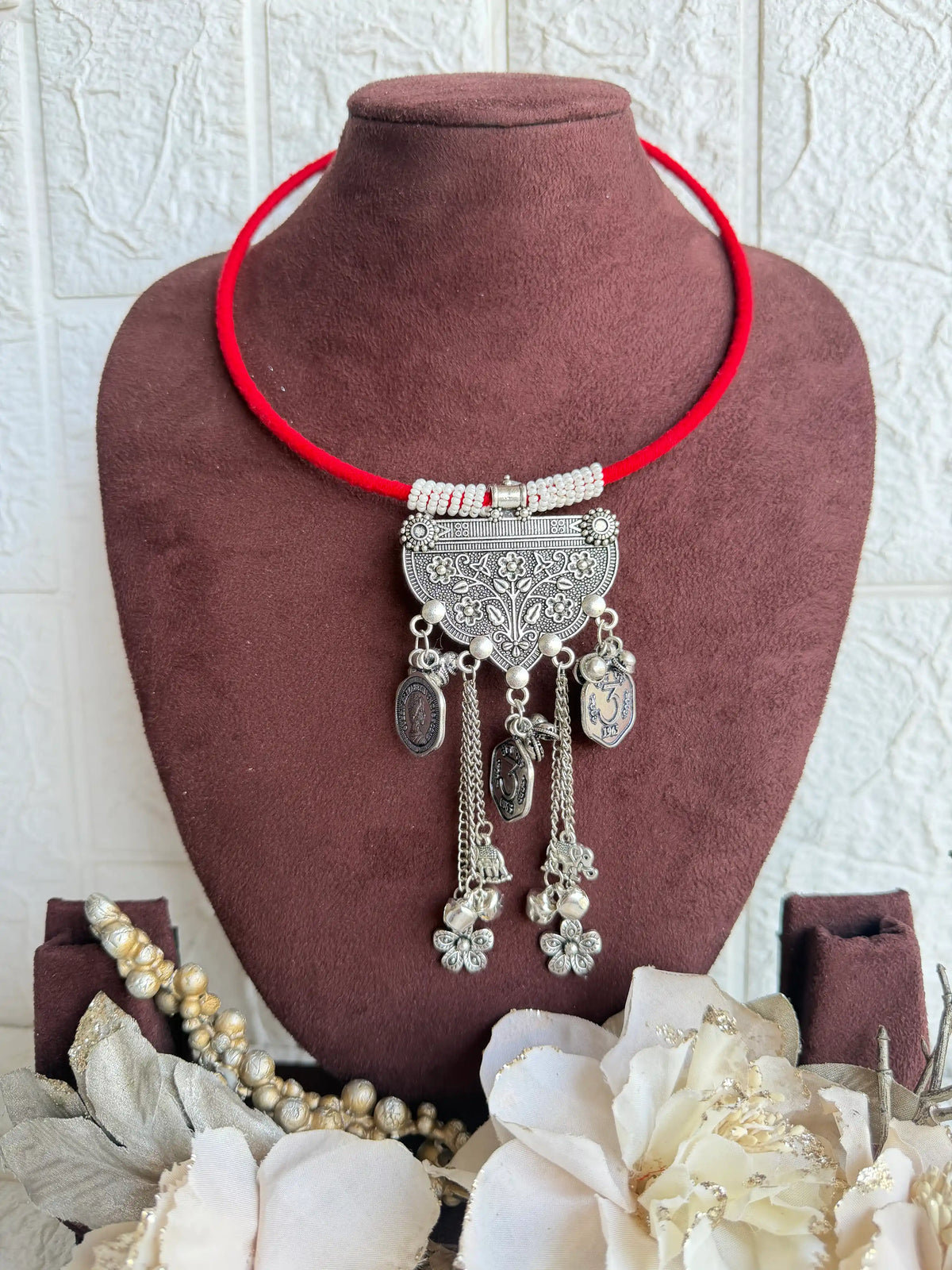 Rangeeli Layered Neckpiece Handcrafted braided choker with silver oxidized statement pendant by Naari Ratan