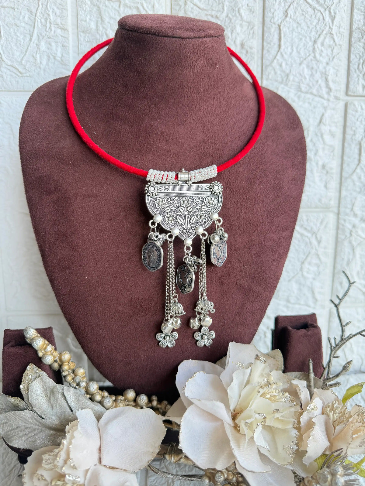 Rangeeli Layered Neckpiece Handcrafted braided choker with silver oxidized statement pendant by Naari Ratan side view