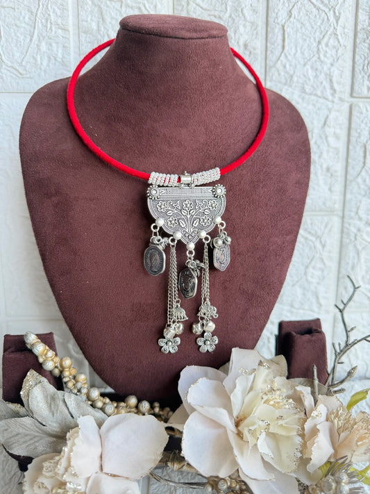 Rangeeli Layered Neckpiece Handcrafted braided choker with silver oxidized statement pendant by Naari Ratan side view