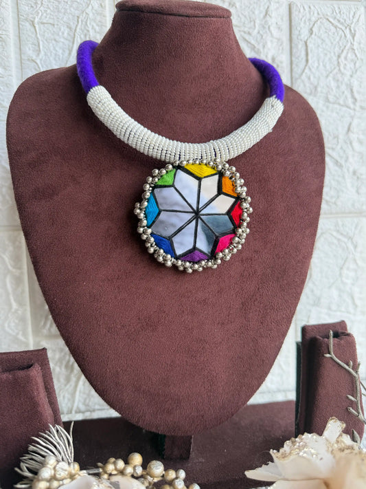 Rangeeli Layered Neckpiece Handcrafted braided choker with silver oxidized statement pendant by Naari Ratan