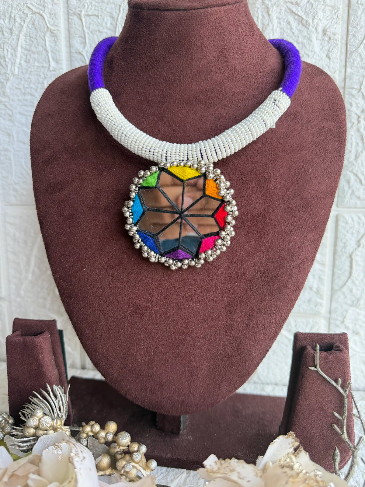 Rangeeli Layered Neckpiece Handcrafted braided choker with silver oxidized statement pendant by Naari Ratan Full view