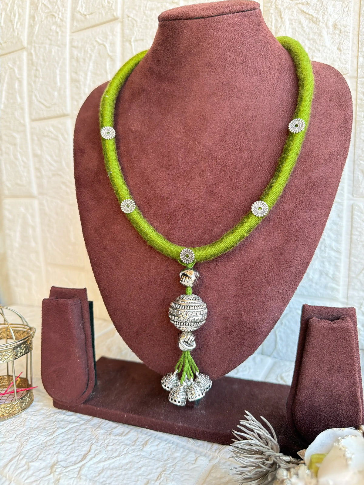 Rangeeli Layered Neckpiece Handcrafted braided choker with silver oxidized statement pendant by Naari Ratan side view