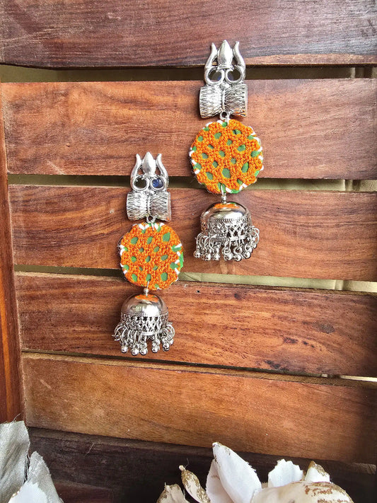 Rangeen Earrings Naari Ratan - oxidized silver peacock jhumka with Rust green fabric disc