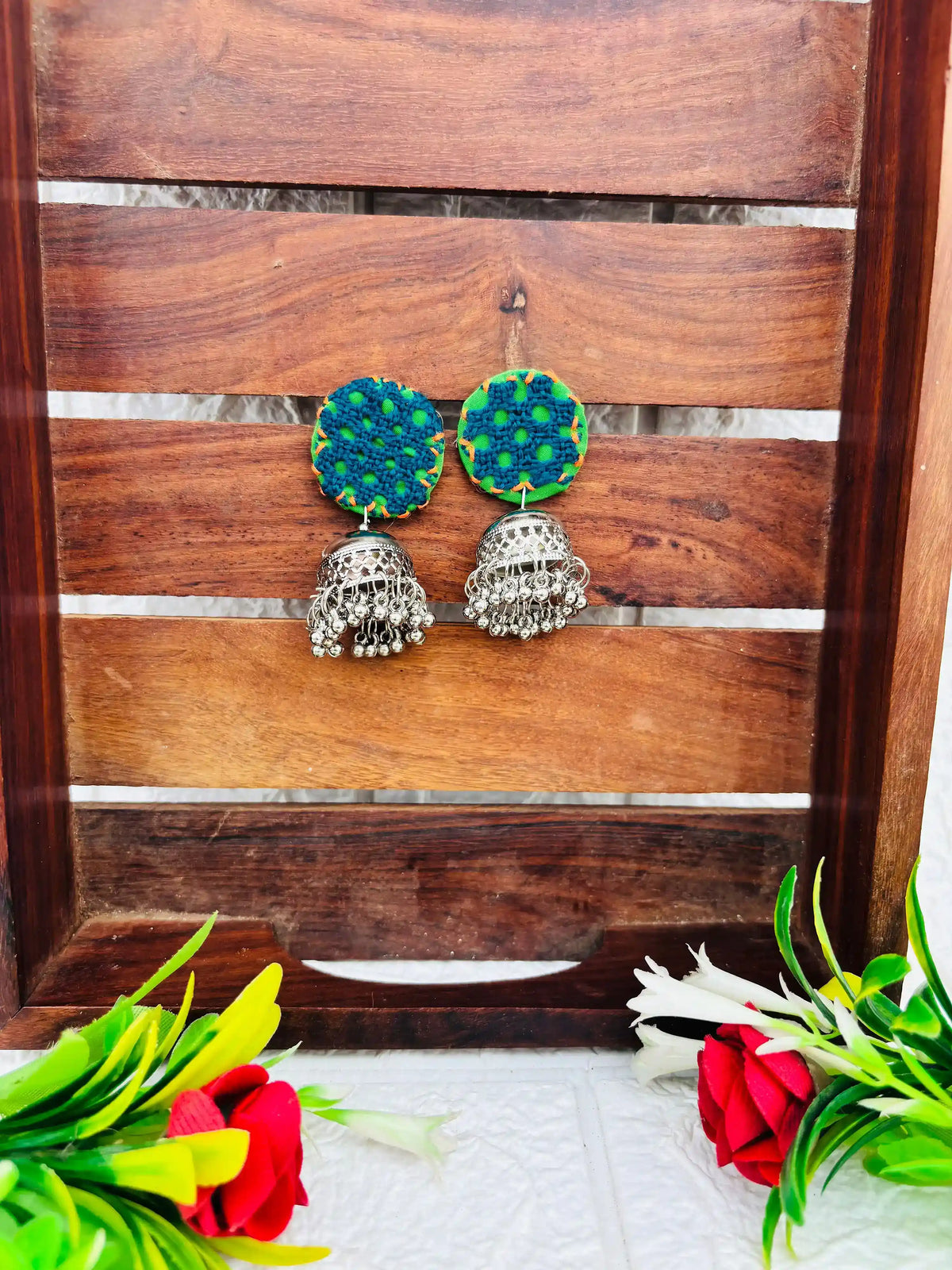 Rangeen Earrings Naari Ratan - oxidized silver peacock jhumka with Rama green fabric disc