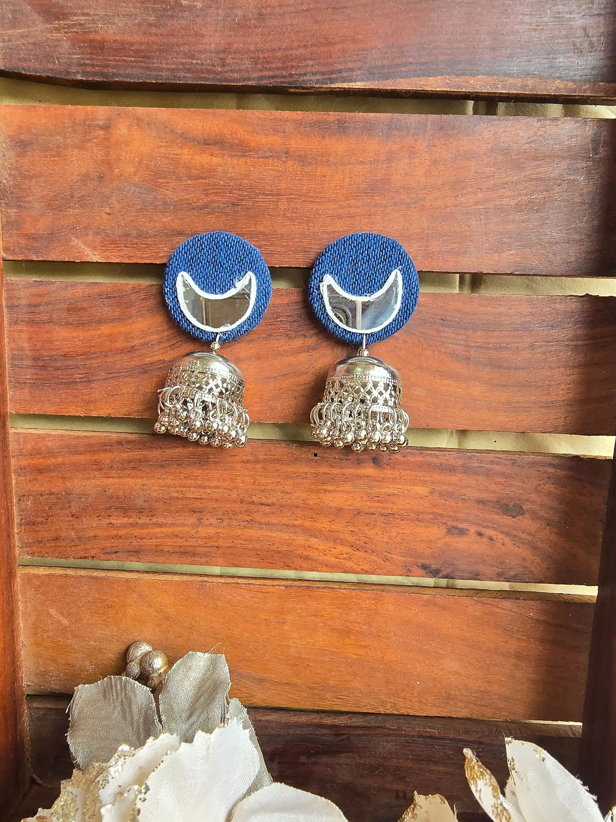 Rangeen Earrings Naari Ratan - oxidized silver peacock jhumka with Half Moon mirror work