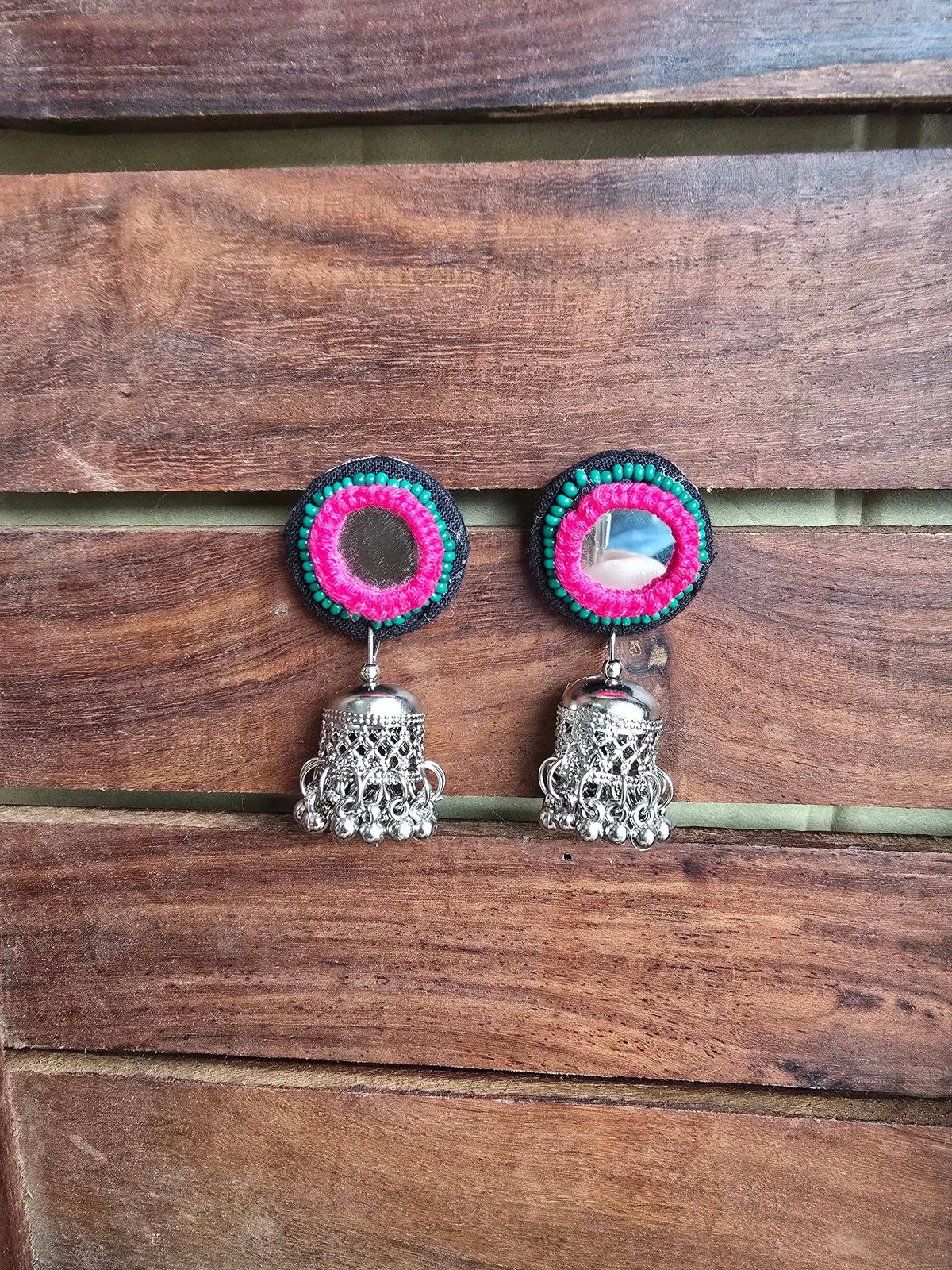 Rangeen Earrings Naari Ratan - oxidized silver peacock jhumka with Pink Mirror work and Green Beads