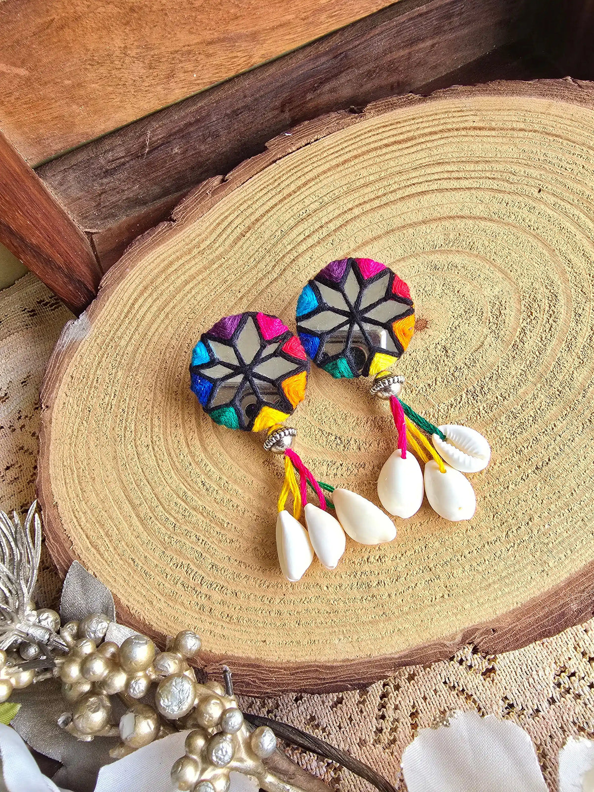 Rangeen Earrings Naari Ratan - Multi Colour Mirror Work with Threaded Kowari Set