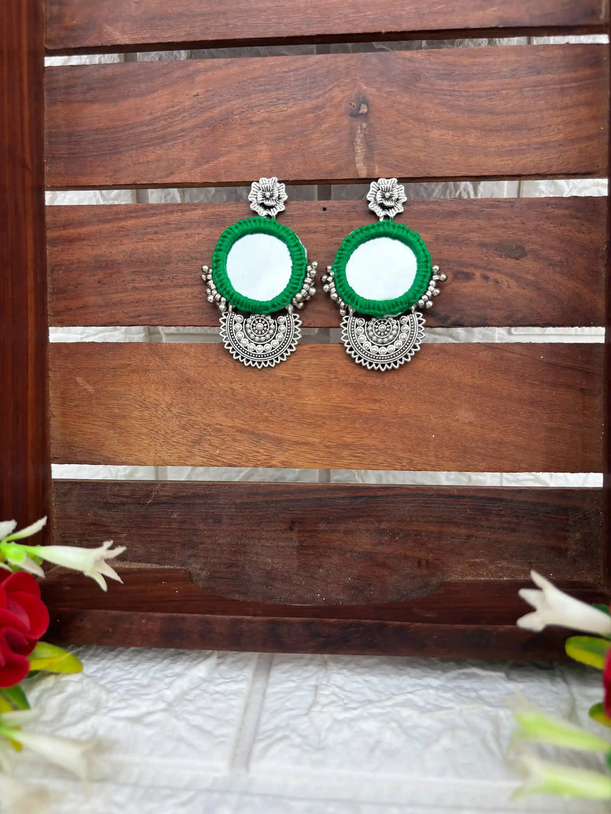 Rangeen Earrings By Naari Ratan Green colour Mirror Work earrings with Silver charm and stud