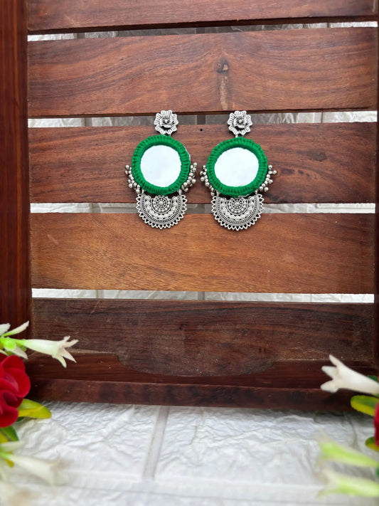 Rangeen Earrings By Naari Ratan Green colour Mirror Work earrings with Silver charm and stud