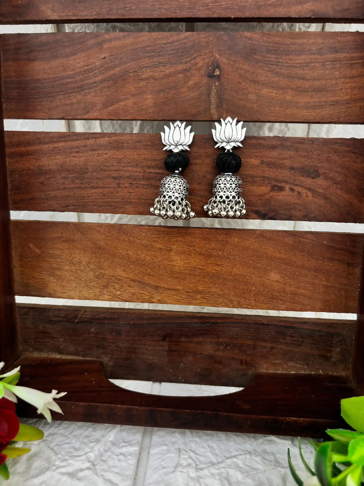 Rangeen Earrings By Naari Ratan Black Colour Thread work earrings with Silver charm and stud