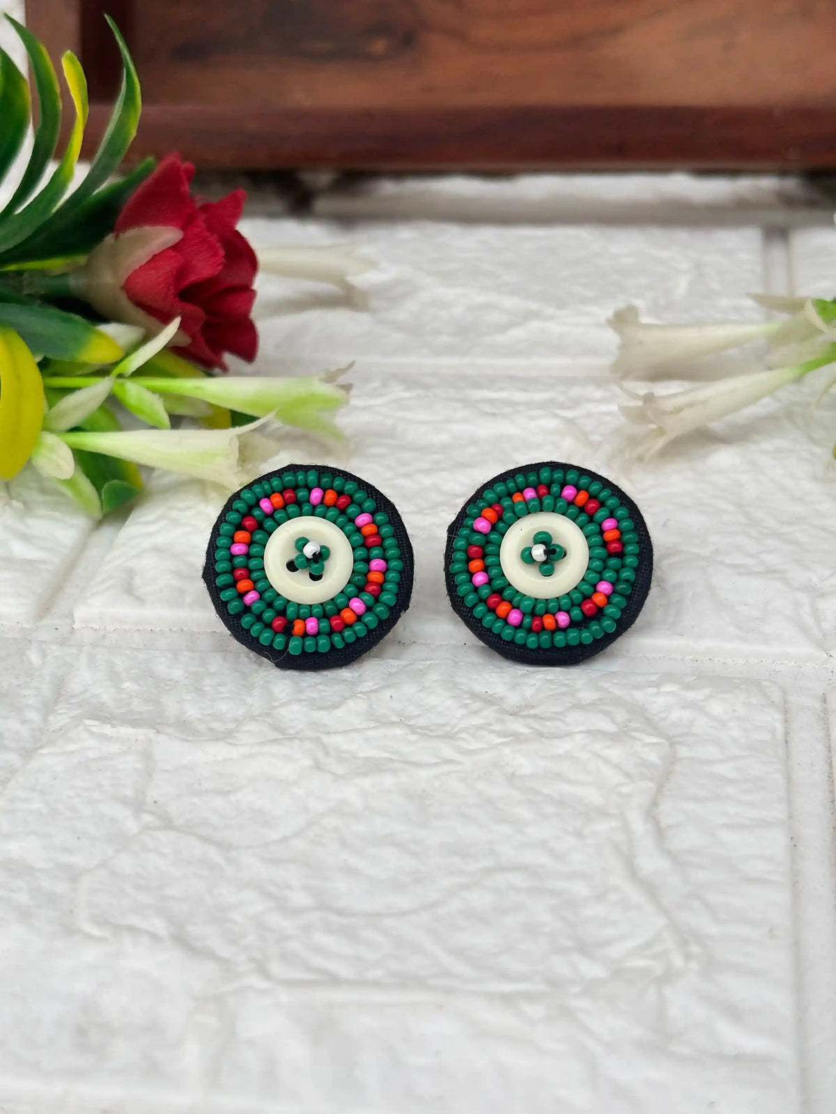 Rangeen Earrings By Naari Ratan Pink, red and Green Beads Work with Unique earrings look for festive wear