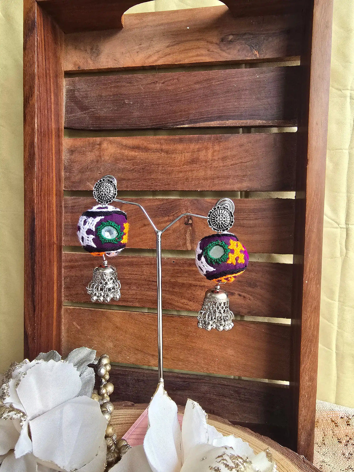 Rangeen Earrings By Naari Ratan earrings with kutchi bavliya work and Silver Jumkha with Stud