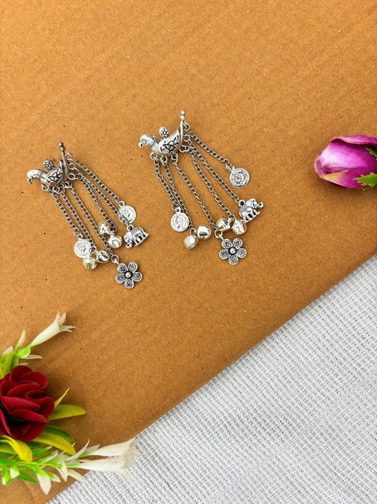Rangeen Earrings By Naari Ratan Silver elephant Charm with chain latkan Earrings Closed up view