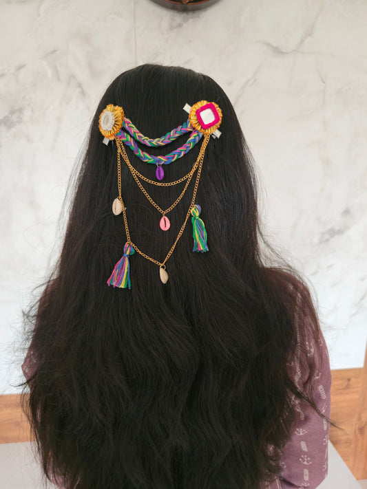 Sitara Brooch Naari Ratan HA14- dual hair clip with gold chain, cowrie shells, and multicolor tassels