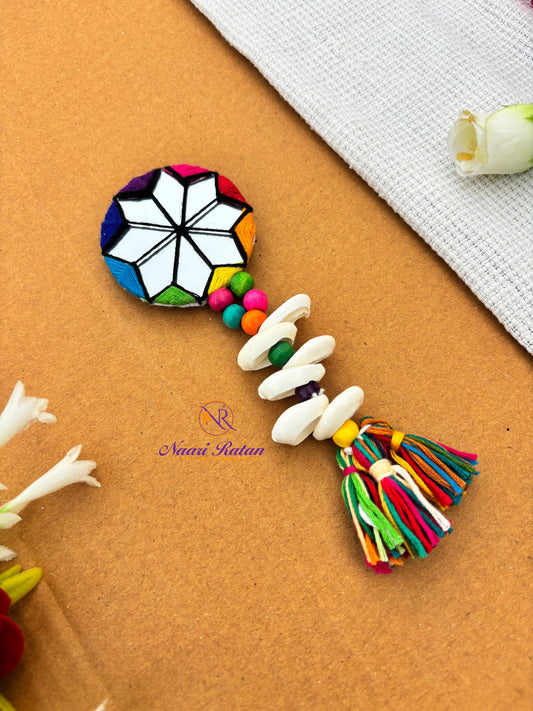 Sitara Hair Clip HA10 Naari Ratan - mirror work star hair clip with cowrie shells and multicolor tassel Product view