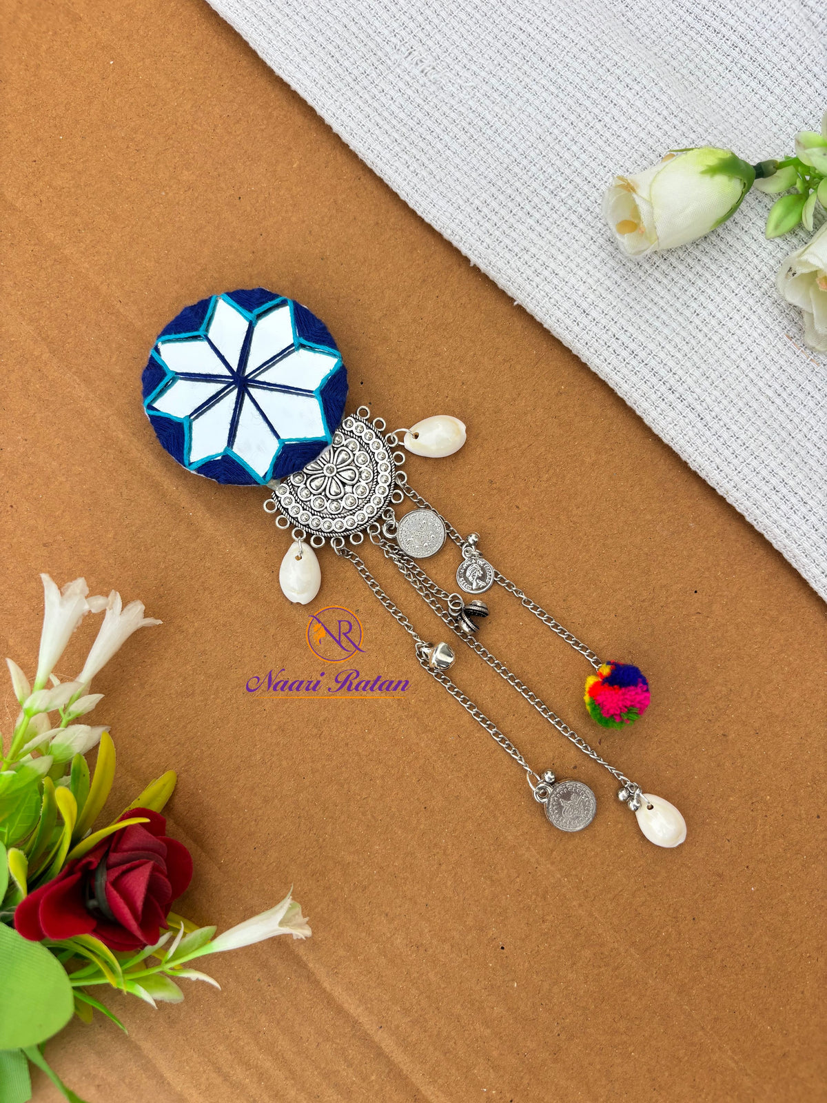 Sitara Hair Clip HA11 Naari Ratan - mirror work star hair clip with cowrie shells and multicolor tassel with Silver Charm