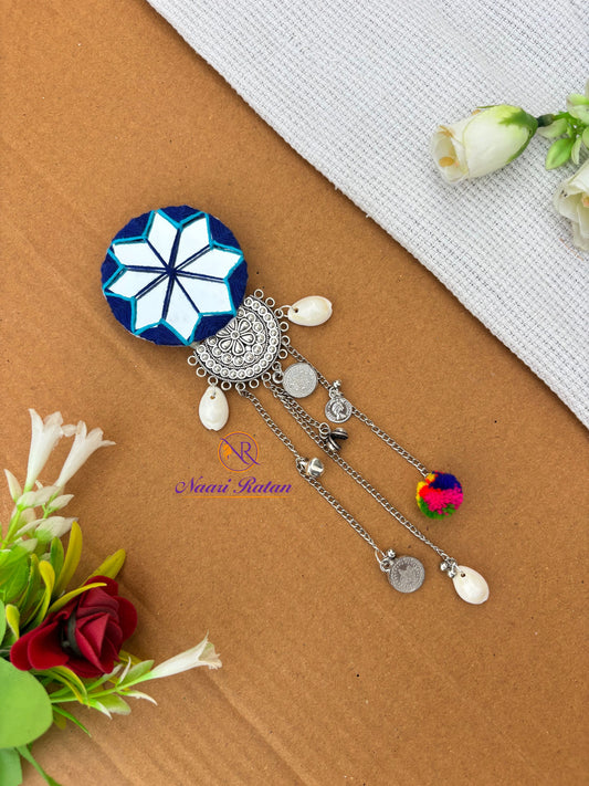Sitara Hair Clip HA11 Naari Ratan - mirror work star hair clip with cowrie shells and multicolor tassel with Silver Charm
