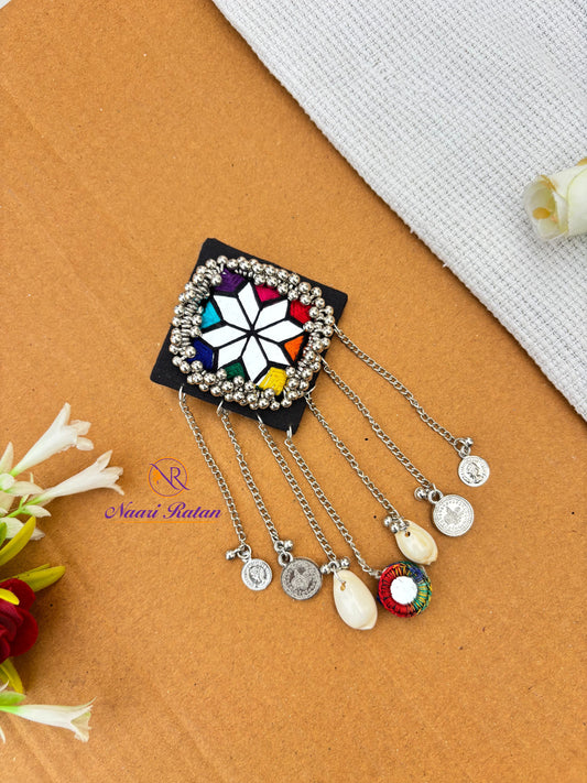 Sitara Hair Clip HA12 Naari Ratan - mirror work star hair clip with cowrie shells and multicolor tassel with Silver Charm