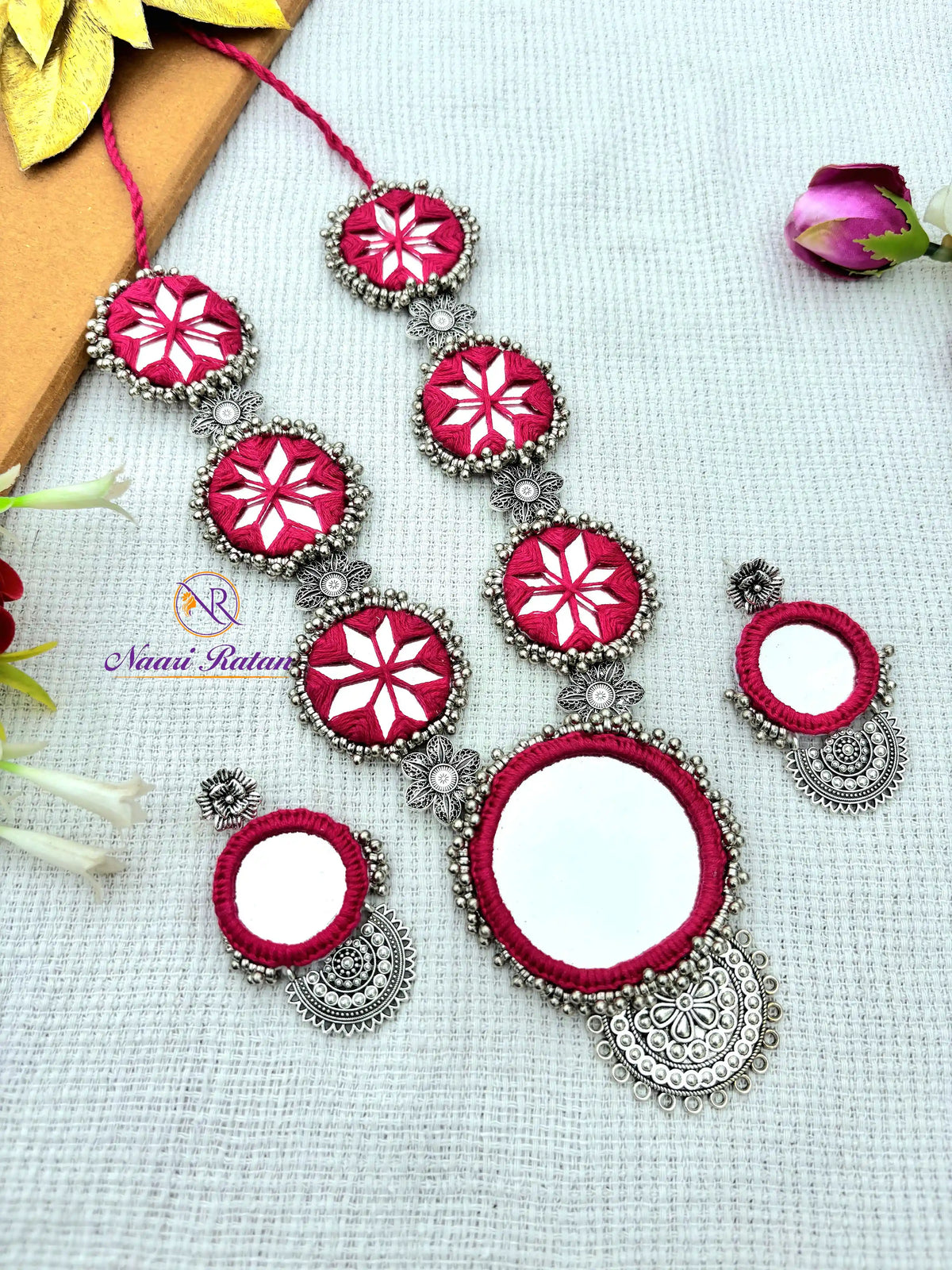 Sitara Neckpiece NNS48 - Pink color mirror work necklace set with oxidized silver detailing by Naari Ratan