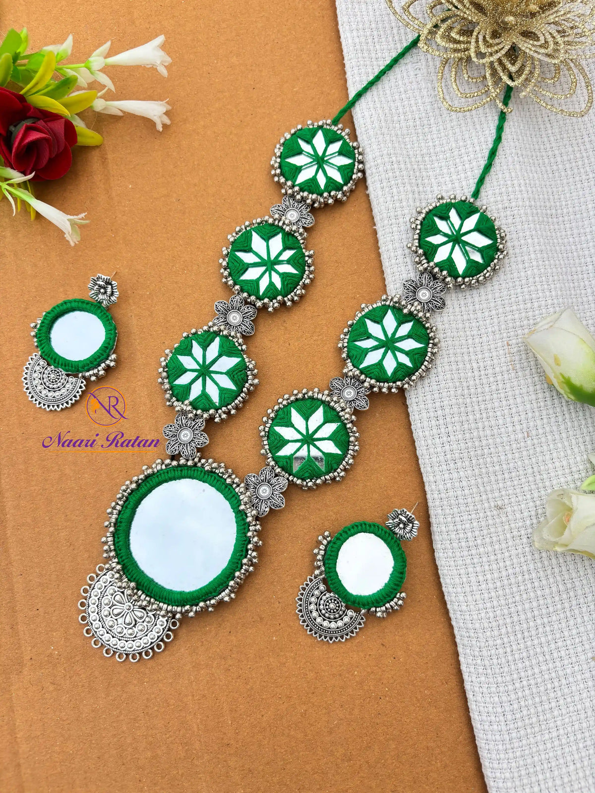 Sitara Neckpiece NNS49 - Green color mirror work necklace set with oxidized silver detailing by Naari Ratan