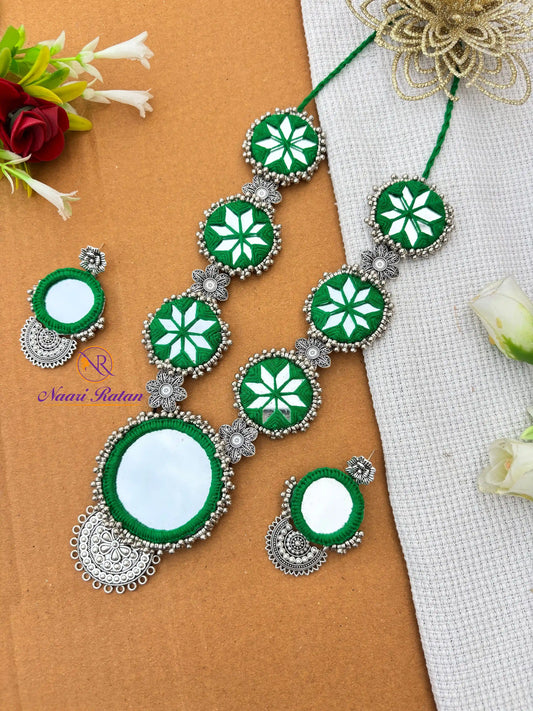 Sitara Neckpiece NNS49 - Green color mirror work necklace set with oxidized silver detailing by Naari Ratan