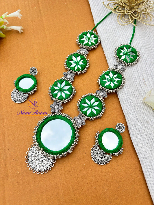 Sitara Neckpiece NNS49 - Green color mirror work necklace set with oxidized silver detailing by Naari Ratan Side View