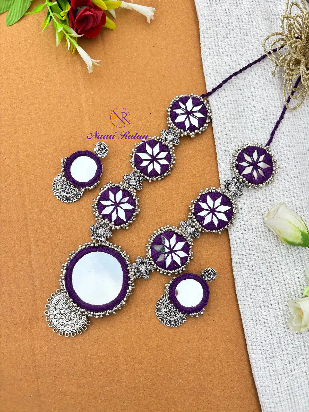 Sitara Neckpiece NNS50 - Purple color mirror work necklace set with oxidized silver detailing by Naari Ratan