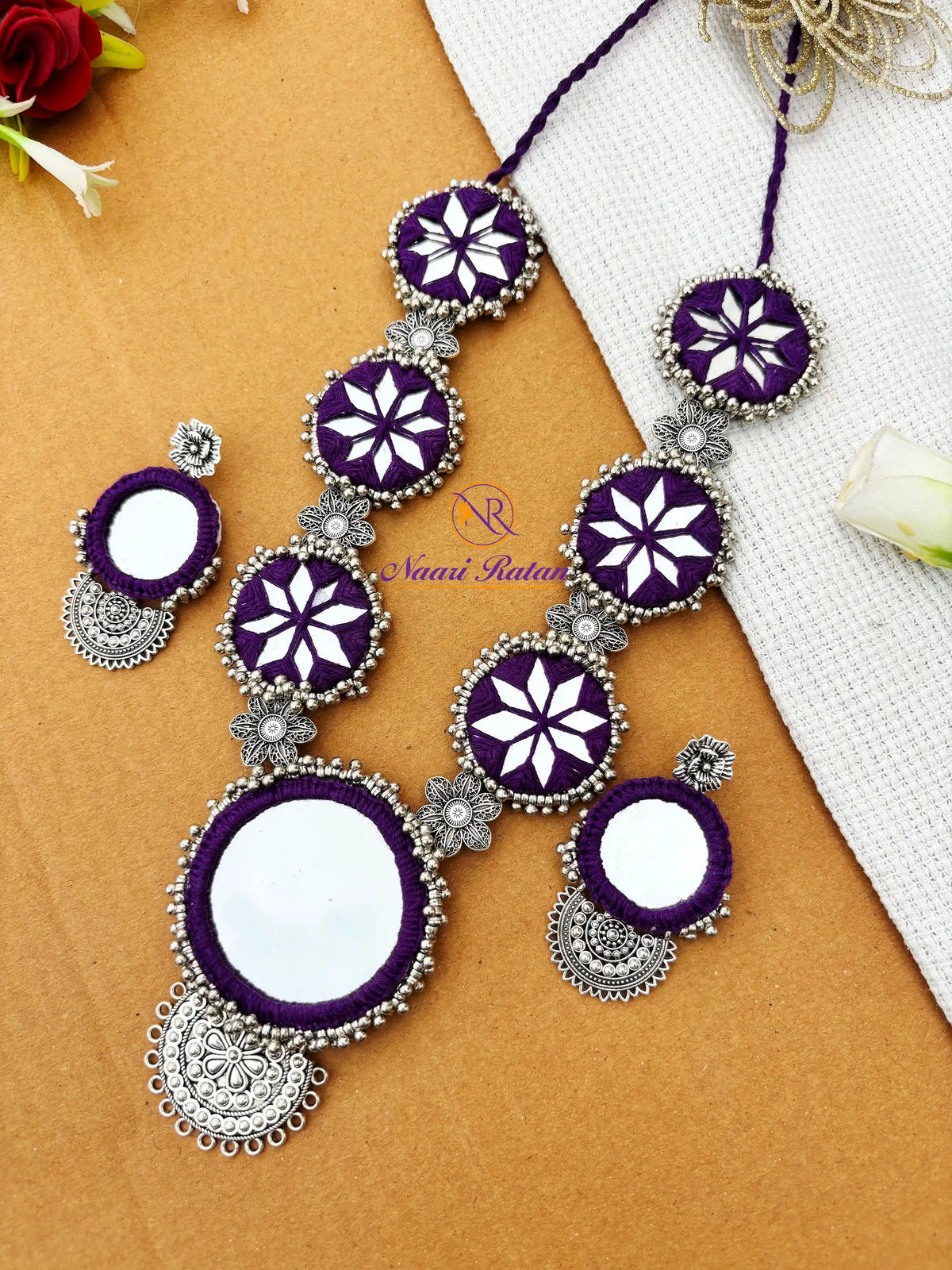 Sitara Neckpiece NNS50 - Purple color mirror work necklace set with oxidized silver detailing by Naari Ratan Side View