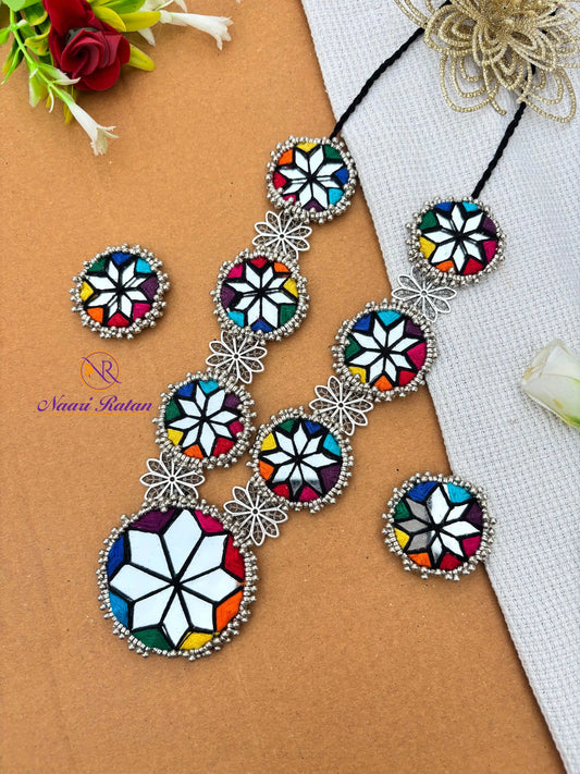 Sitara Neckpiece NNS51 - Multi color mirror work necklace set with oxidized silver detailing by Naari Ratan