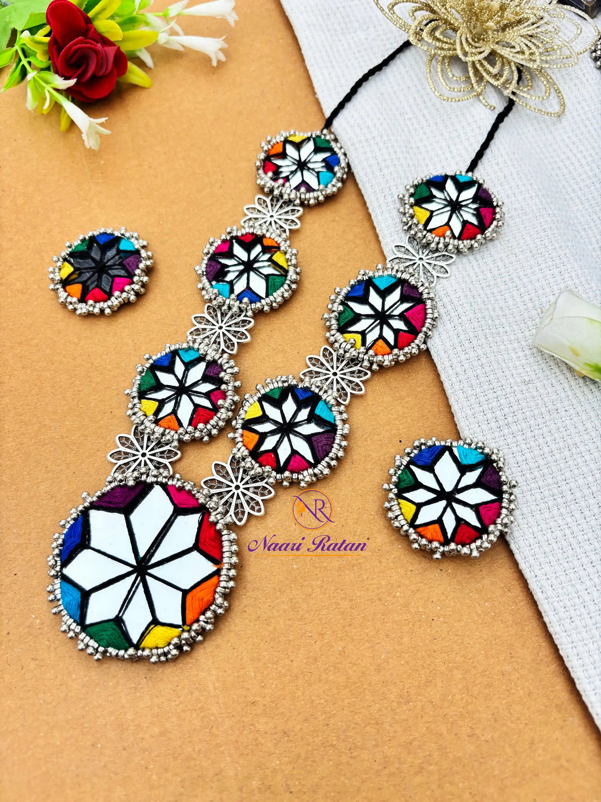 Sitara Neckpiece NNS51 - Multi color mirror work necklace set with oxidized silver detailing by Naari Ratan Side View