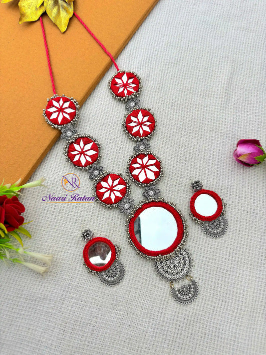 Sitara Neckpiece NNS52 - red color mirror work necklace set with oxidized silver detailing by Naari Ratan  Side View