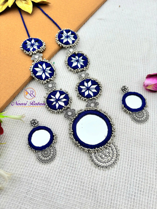 Sitara Neckpiece NNS53- Blue color mirror work necklace set with oxidized silver detailing by Naari Ratan side view
