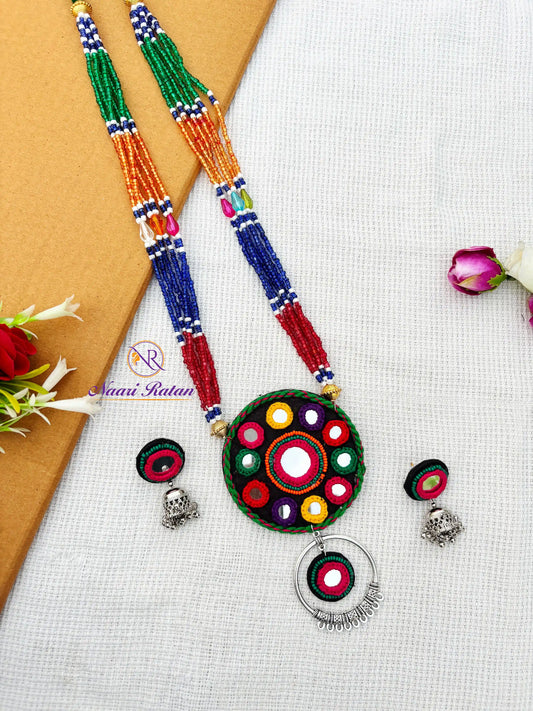 Sitara Neckpiece NNS54- Multi color mirror work necklace set with oxidized silver detailing by Naari Ratan Full View