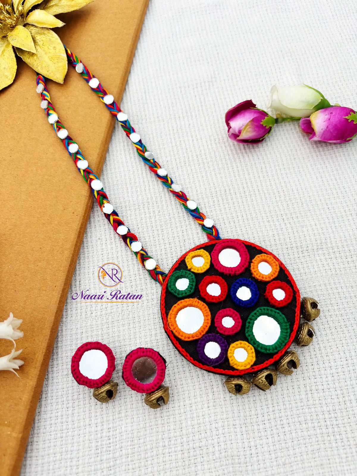 Sitara Neckpiece NNS55- Multi color mirror work necklace set with oxidized silver detailing by Naari Ratan