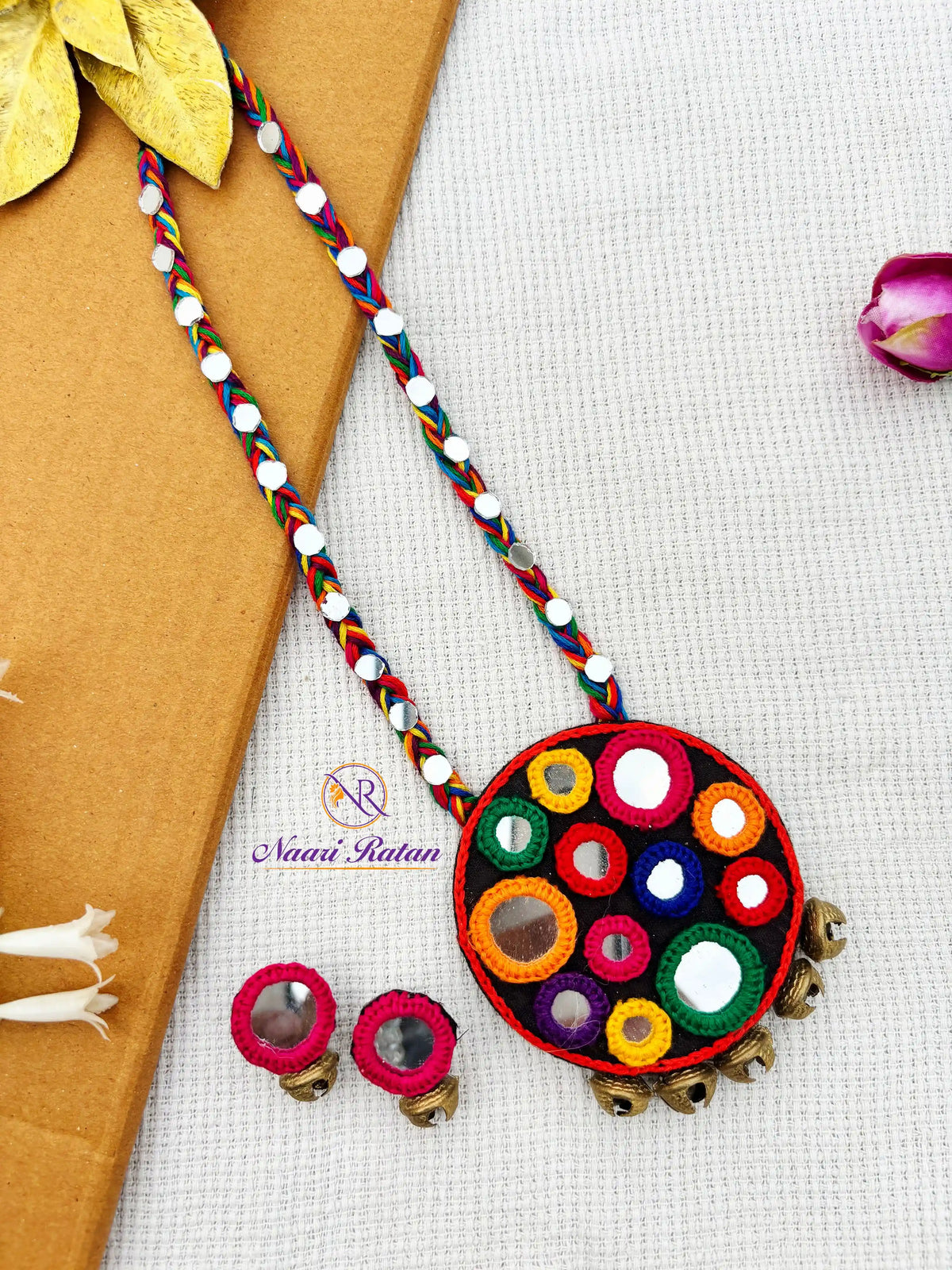Sitara Neckpiece NNS55- Multi color mirror work necklace set with oxidized silver detailing by Naari Ratan Full view