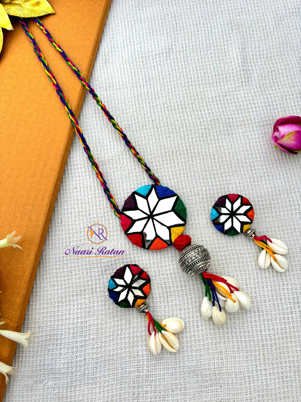 Sitara Neckpiece NNS56- Multi color mirror work necklace set with oxidized silver detailing by Naari Ratan