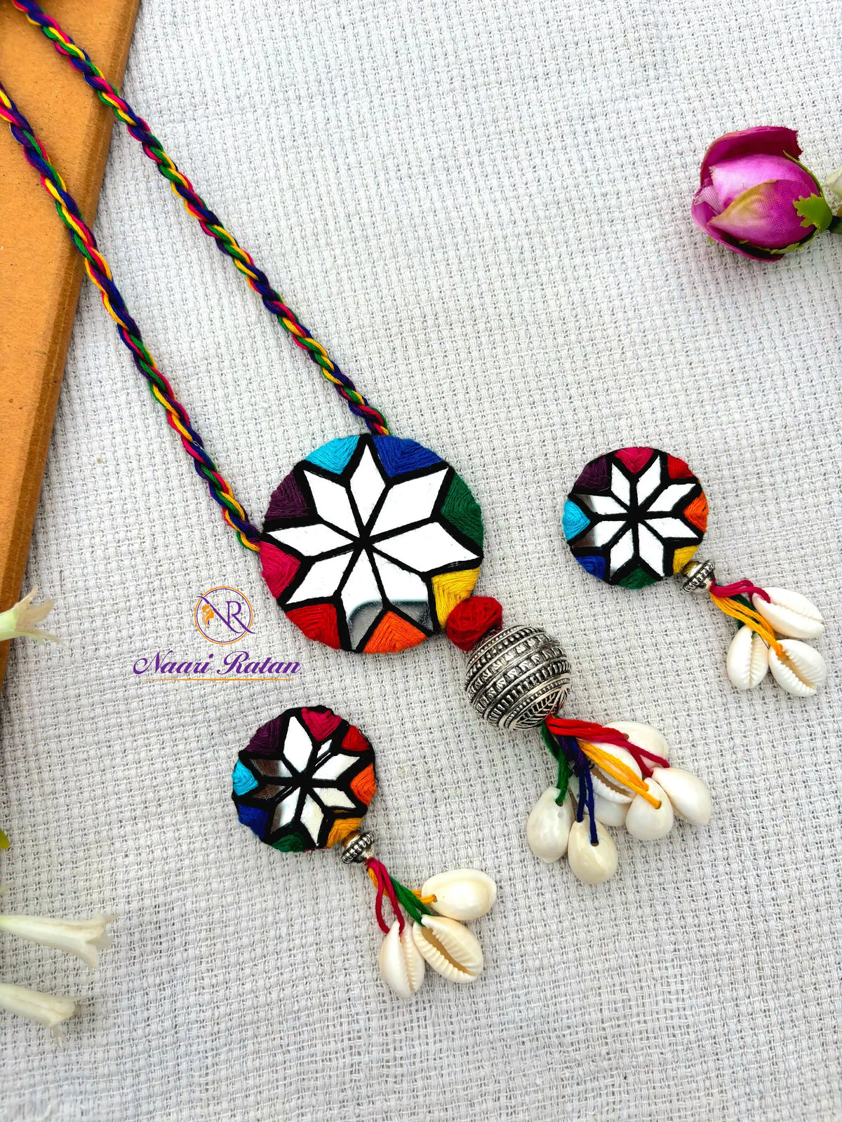 Sitara Neckpiece NNS56- Multi color mirror work necklace set with oxidized silver detailing by Naari Ratan Full view