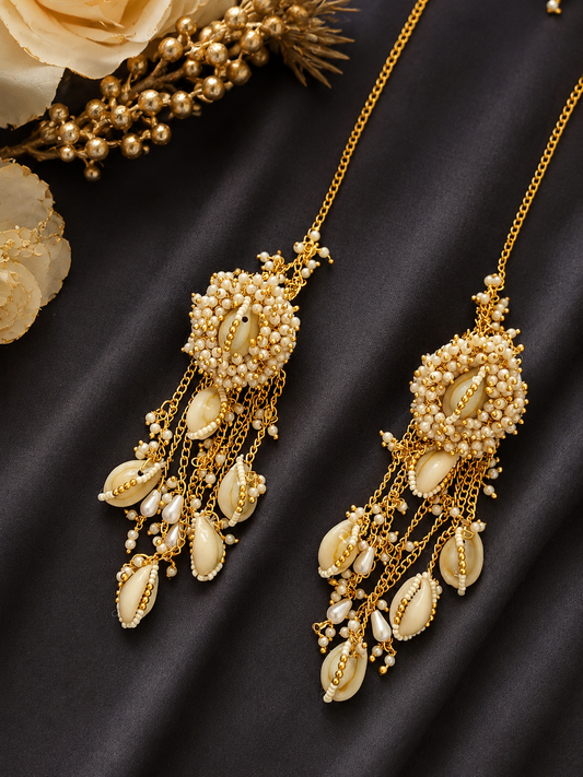 Handmade Fabric Earrings E01 with beads and cowrie shell detailing by Naari Ratan.