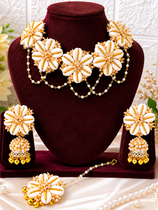 Handmade Haldi Mehendi Jewelry Set HM01 with shell necklace, earrings, maang tikka and rings by Naari Ratan