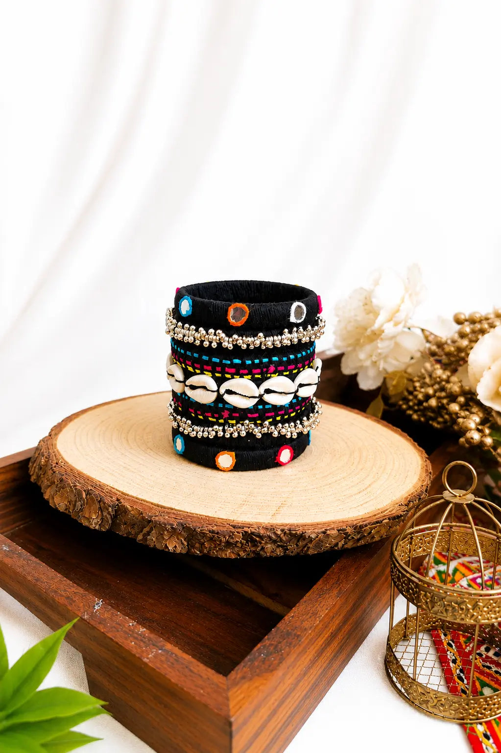 Naari Ratan Handmade Bangles B02 in black fabric with cowrie shells and colorful thread work for Navratri, Garba, Haldi, Mehendi and festive wear.