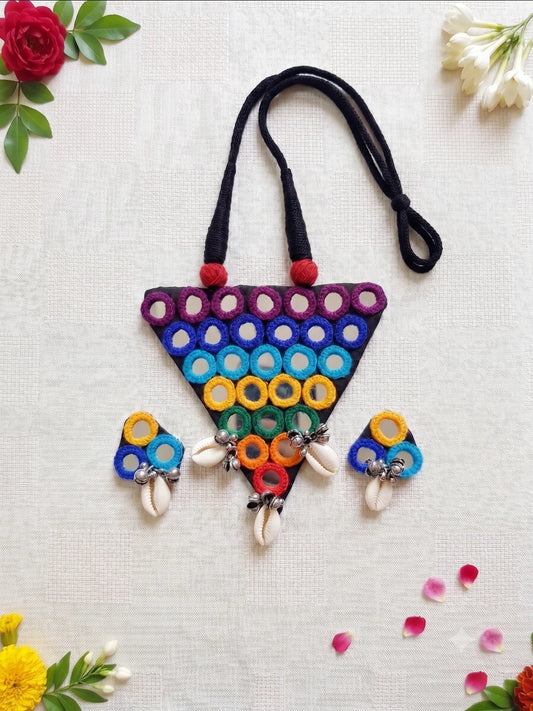Handmade multicolor Navratri necklace and earrings set with mirror work and cowrie shells for women by Naari Ratan
